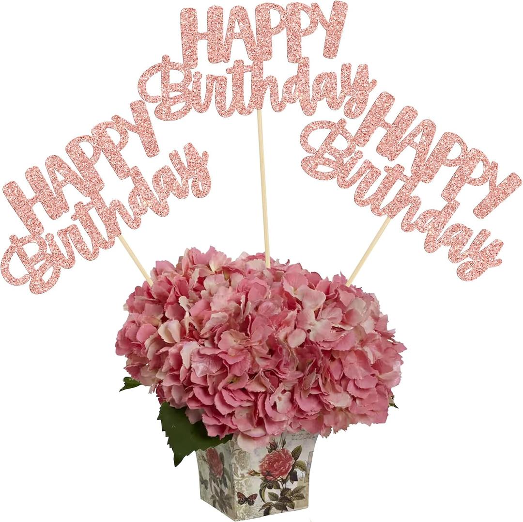 Gyufise 12Pcs Happy Birthday Centerpieces Sticks Double Sided Glitter Birthday Party Decorations Anniversary Table Flower Centerpiece for Celebrating Party Supplies Rose Gold