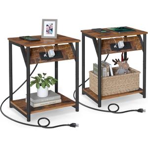 VASAGLE End Table with Charging Station, Set of 2, Small Side Tables for Living Room, Bedroom, Nightstand with Outlets and USB Ports, Bedside Table with Storage Shelf, Rustic Brown and Black