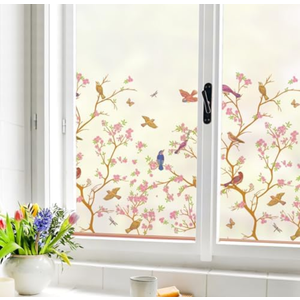 MSUP Window Film Privacy Static Cling Frosted Window Film for Glass Window Anti-UV Window Film Removable No-Glue Film Birds and Flowers Film for Kitchen, Bathroom, Office 17.7'' x 78.7'' Pink