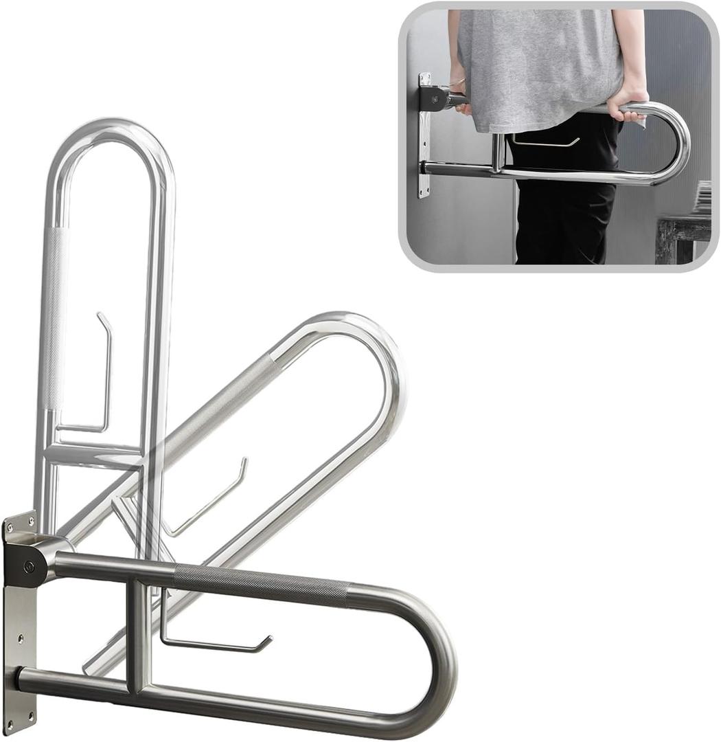 23.5 Inch Toilet Grab Bar, Fold Down Grab Bar with Paper Holder, Knurled Anti-Slip Grab Bars for Toilet, Stainless Steel Handrails Toilet for Seniors Disabled Elderly Pregnant, Brushed Nickel