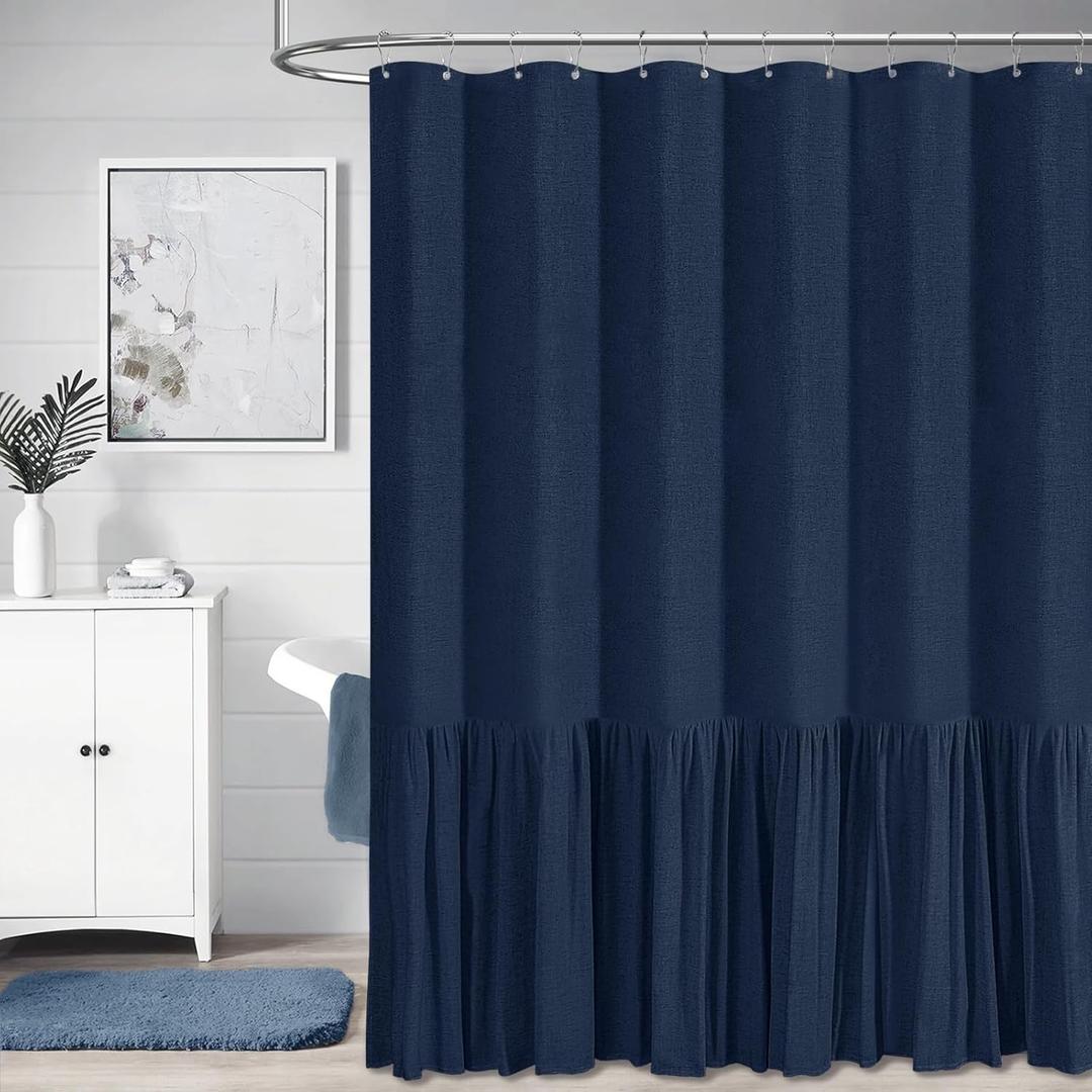 BTTN Extra Long Linen Shower Curtain - 72x96 Inch Long Shabby Chic Heavy Duty Fabric Shower Curtain Set with Ruffle Hem, Tall Farmhouse Vintage Cloth Shower Curtains for Bathroom Decor - Navy Blue