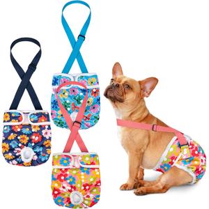 Pet Soft Dog Diapers Female with Suspenders, 3 Pack Reusable Female Dog Diapers for Heat, Dog Period Panties for Doggie in Cycle(Small, Floral) (Small:10''-14'')