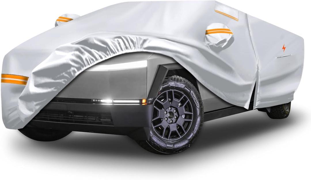 Waterproof Car Cover Replace for Tesla Cybertruck, 6 Layers Silver All Weather Full Car Covers with Zipper Door & Windproof Bands for Snow Rain Dust Protection