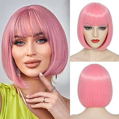 YBYMCAI Pink Bob Wig With Bangs Short Pink Wigs For Women Straight Bob Bangs Wig 10 Inch Heat Resistant Synthetic Hair Natural Looking For Daily Party Use