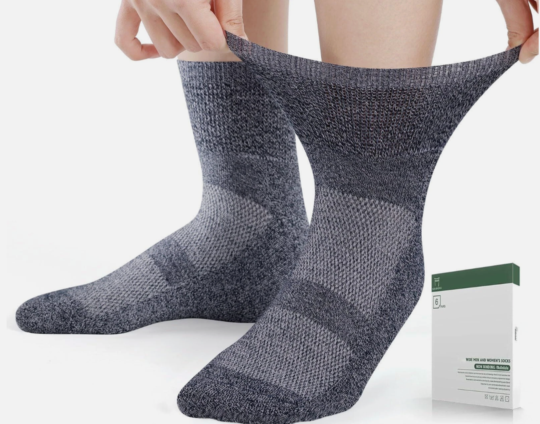 Bulinlulu Wide Men and Women's Socks. 6-Pairs. Non Binding. Wide Top Stretches to Max Width 10"-11.5". Bamboo + Polyester Blend. Size L.