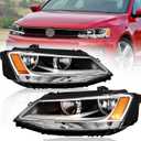 Pair Headlights Assembly OE Replacement Compatible for 2011-2018 Volkswagen Jetta Halogen Clear Lens Chrome Housing Amber Reflector Front Lamps Left and Right Side #5C7941005