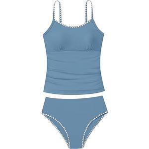 Girls Swimsuit Contrast Trim Tankini Swimsuit Solid Color 2 Piece Teen Bathing Suit Modest Swimwear+Drawstring 13-14 Y