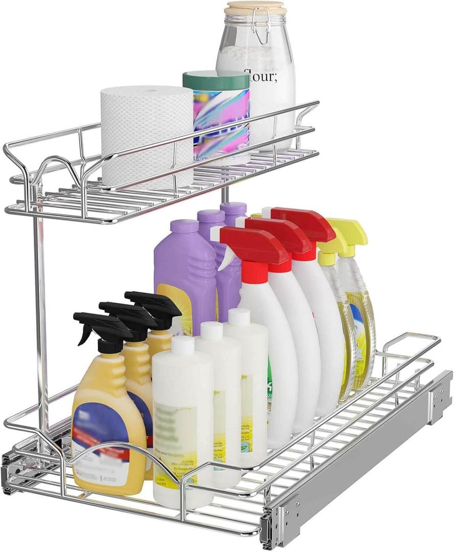 OCG Under Sink Cabinet Organizer Two Tier Pull Out Shelf (14.75W x 17D), Under Sink Sliding Shelf for Kitchen Bathroom Cabinet 2 Tier Chrome, 14.75W17D