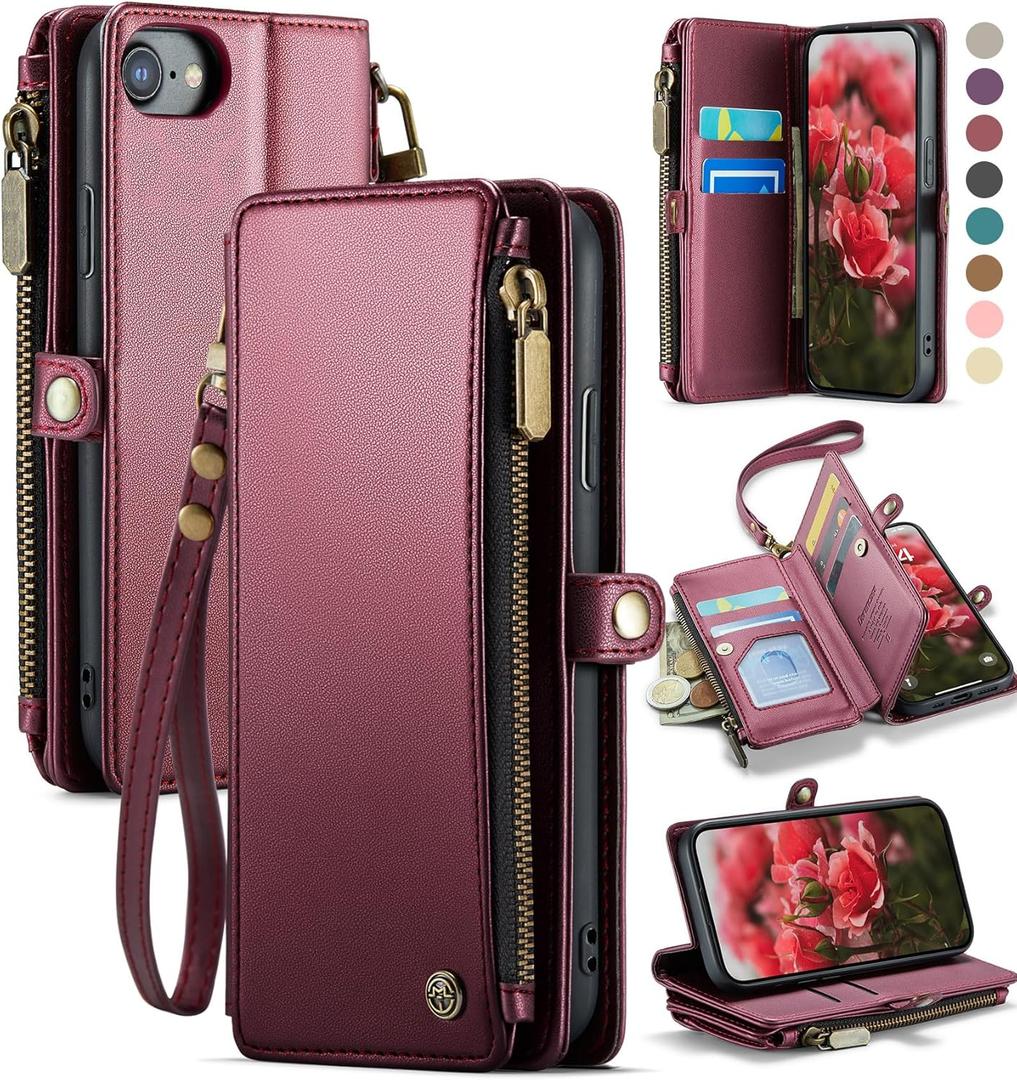 Defencase Compatible with iPhone SE 2020 2022 Case Wallet with RFID Blocking Card Holder for Women Men, PU Leather Magnetic Snap Flip Zipper Strap Wallet Phone Case Fit for iPhone SE/7/8, Wine Red