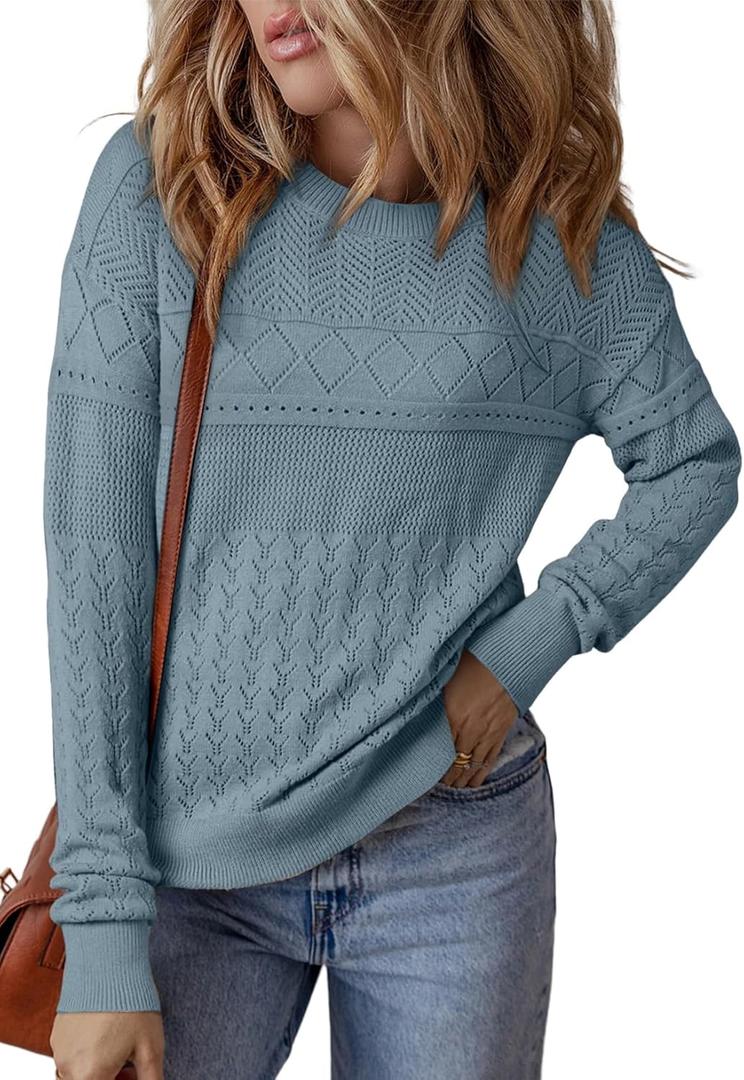 SHEWIN Fall Sweaters for Women Casual Crewneck Long Sleeve Crochet Pullover Tops Sweater (Blue, XL)