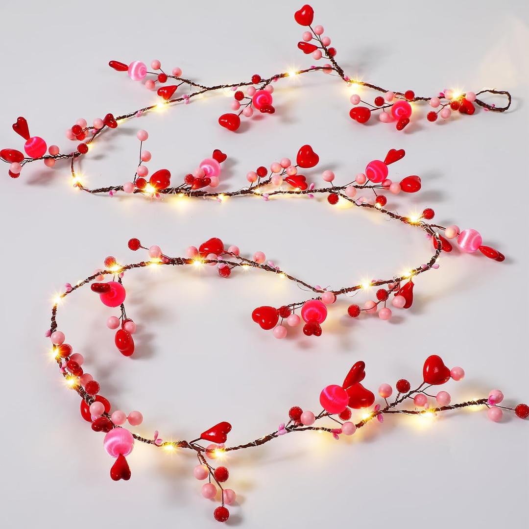 6.5ft Valentine's Day Garland with String Lights Pink Red Berry Garland Battery Powered Heart Shaped Ball Fairy String Lights for Valentine's Day Party Home Table Wall Decoration