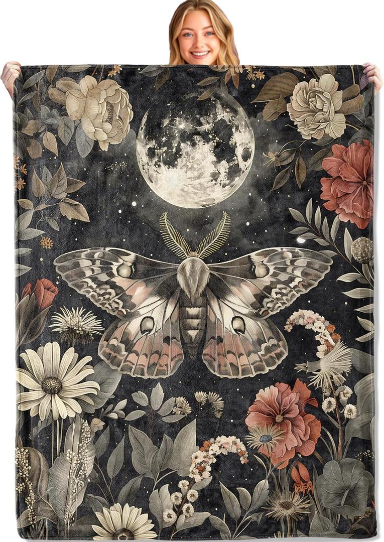 Moth Throw Blanket - 50x60in,Ultra Soft, Cozy Lightweight Flannel,Moon Night Mystical Botanical Blankets - Gifts for Women,for Couch Office Travel,Home Living Room Decor