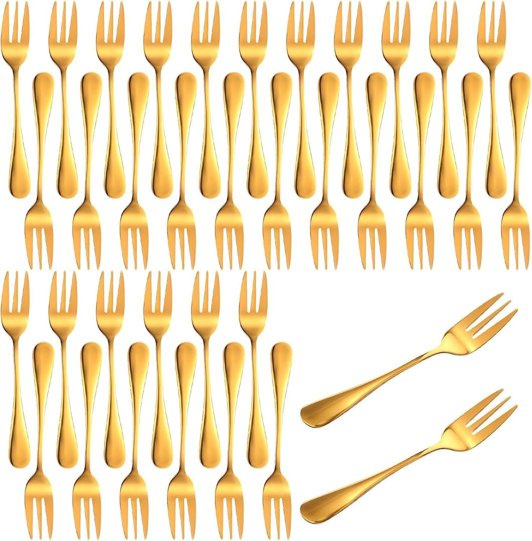 36 Pcs Gold Stainless Steel Dessert Forks, 3-Tine Mini Oyster Fork Appetizer Seafood Cocktail Salad Fruit Tableware, 5.6 Inch Elegant Mirror Polished for Party Travel Picnic Buffet Wedding
