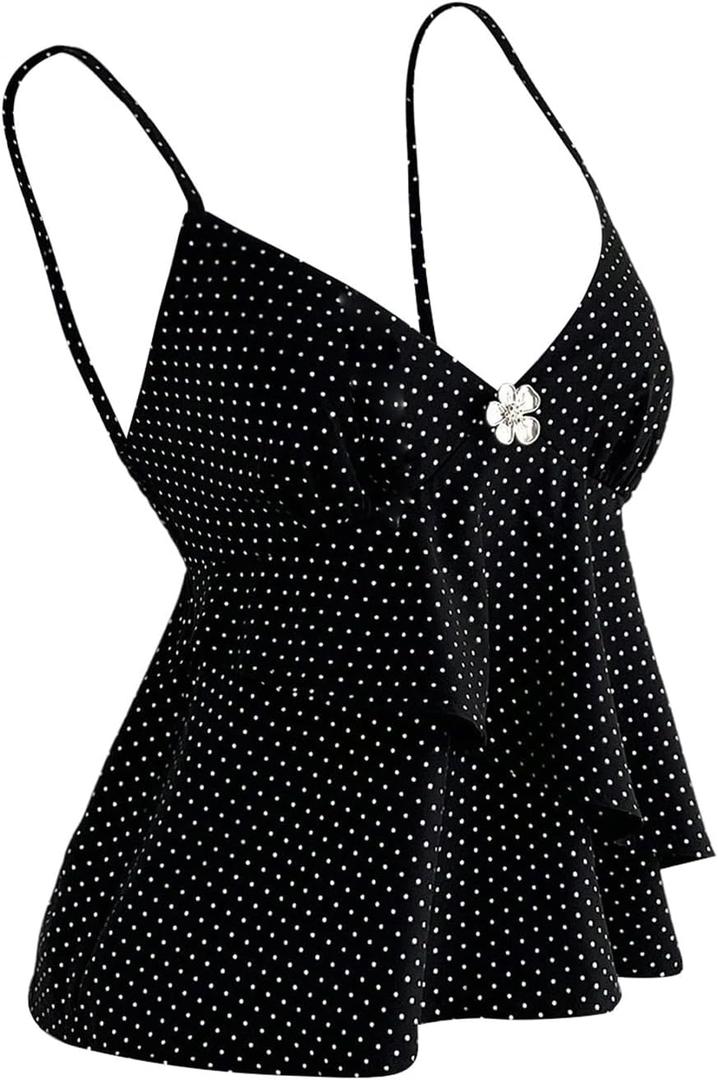 Verdusa Women's Polka Dots Ruffle Layered Camisole Tops Metal Flower Babydoll Tops (Black, XS)