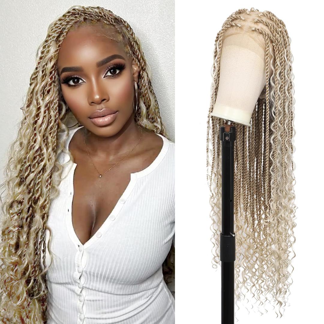 360 HD Full Lace Braided Wigs for Women Knotless Boho Braided Wigs Twisted Braids Lace Wig with Baby Hair Premium Synthetic Braided Lace Front Wigs 36" Light Brown Ombre Blonde