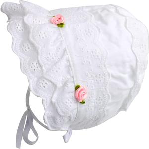 2 x Cap Baby Girls 100% Cotton Double Brimmed Eyelet Lace Bonnet with Flowers (0-3 Months, White)