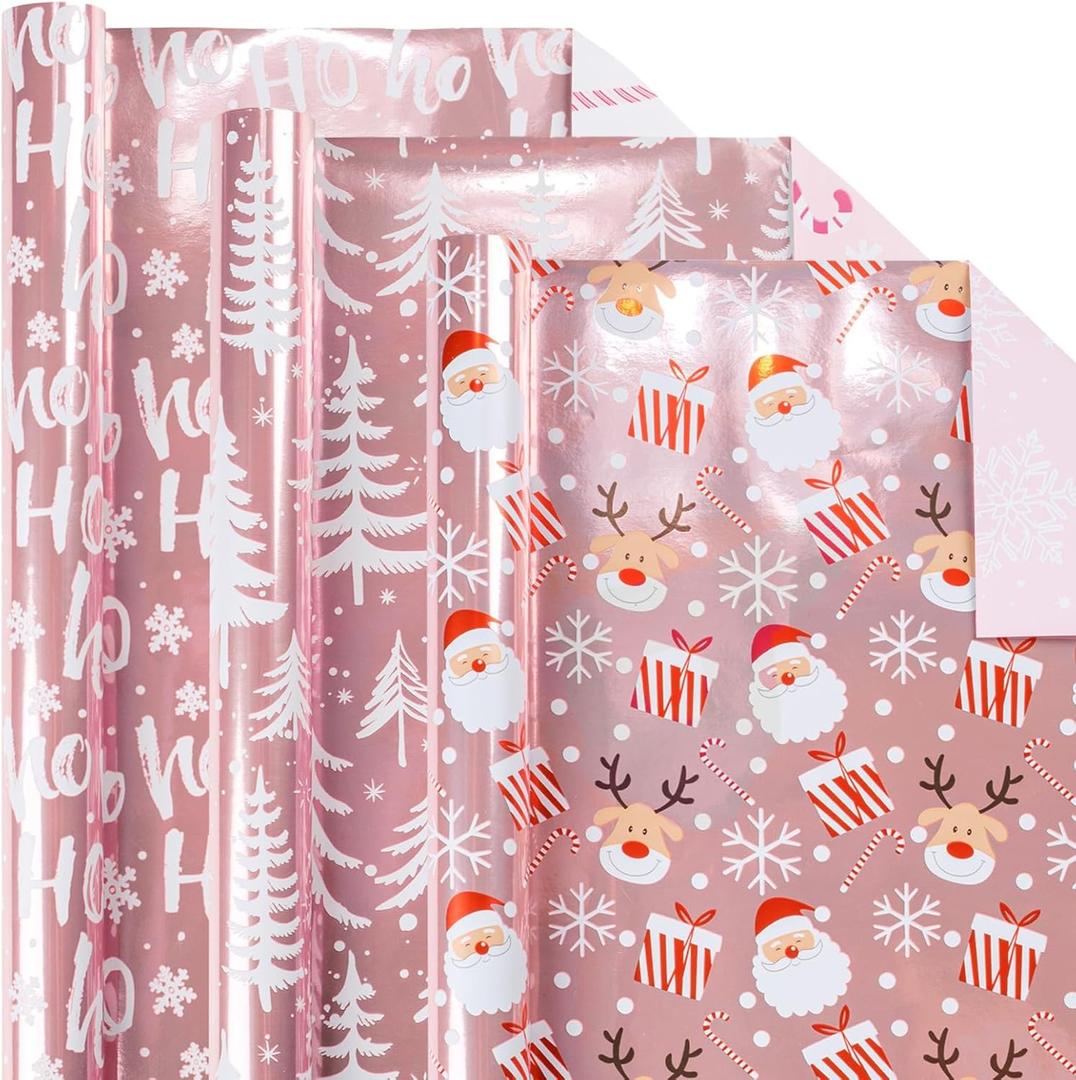 Burymento Christmas Wrapping Paper, Reversible Pink Christmas Tree, HO Santa Laughter, Snowflake, Reindeer, Design Gift Wrapping Paper Suitable for Holiday, Mini Roll (17 Inch X 120 Inch)