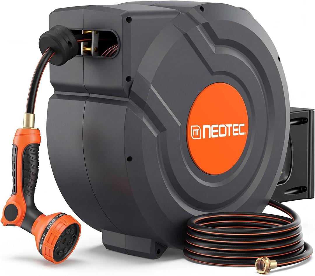 Upgraded Retractable Garden Hose Reel 1/2 inch x 130 ft Wall-Mounted 9 Pattern Nozzle Any Length Lock Automatic Slow Return 180° Swivel UV Resistant Heavy Duty Hose Reels for Outside