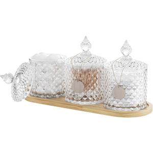 3 Pack Glass Qtip Holder Dispenser with Tray and Tag, Apothecary Jars with Lid, Bathroom Canisters for Storage Organizer for Cotton Swabs, Balls, Pads, Floss Picks, Candy, Jewelry (Clear, 10oz  3)