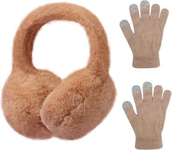 Girls Winter Earmuffs Gloves Set Kids Foldable Ear Covers Warm Plush Ear Muffs Knit Gloves, Ages 7-12 (Brown)