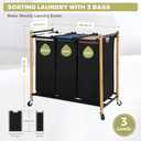 Laundry Sorter Hamper with Wheels, Heavy-Duty Laundry Basket Sorter Rolling Cart with Lockable Wheels and Removable Bags, Laundry Cart 3 Sections, Bamboo