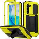 FW Samsung Galaxy S23 Metal Case with Slide Camera Cover Built in Screen Protector Full Body Hybrid S23 Case Metal Kickstand Military Heavy Duty Armor Silicone Case for Man Woman (Yellow)