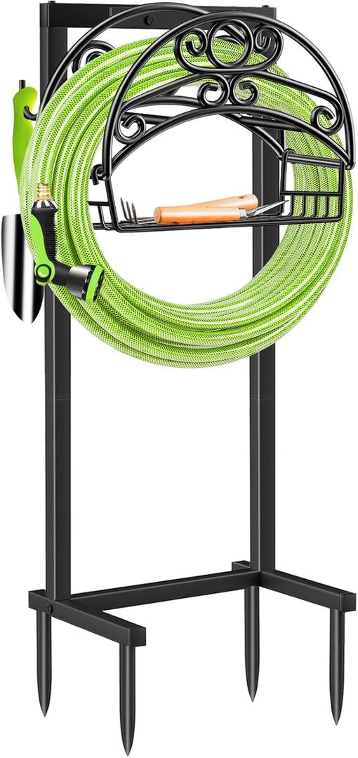 TomCare Garden Hose Holder Upgraded Water Hose Holder with Storage Basket Heavy Duty 4 Spikes Hose Hanger Holds 160 Feet Hoses Stable Freestanding Hose Storage Organizer for Outside Yard