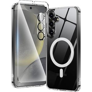 Magnetic for Samsung Galaxy S25 Case with Screen Protector*1 Camera Lens Protector*1, [12FT Mil-Grade Protection], Translucent Matte Back Slim Shockproof Case for Galaxy S25 6.2 inch, Clear