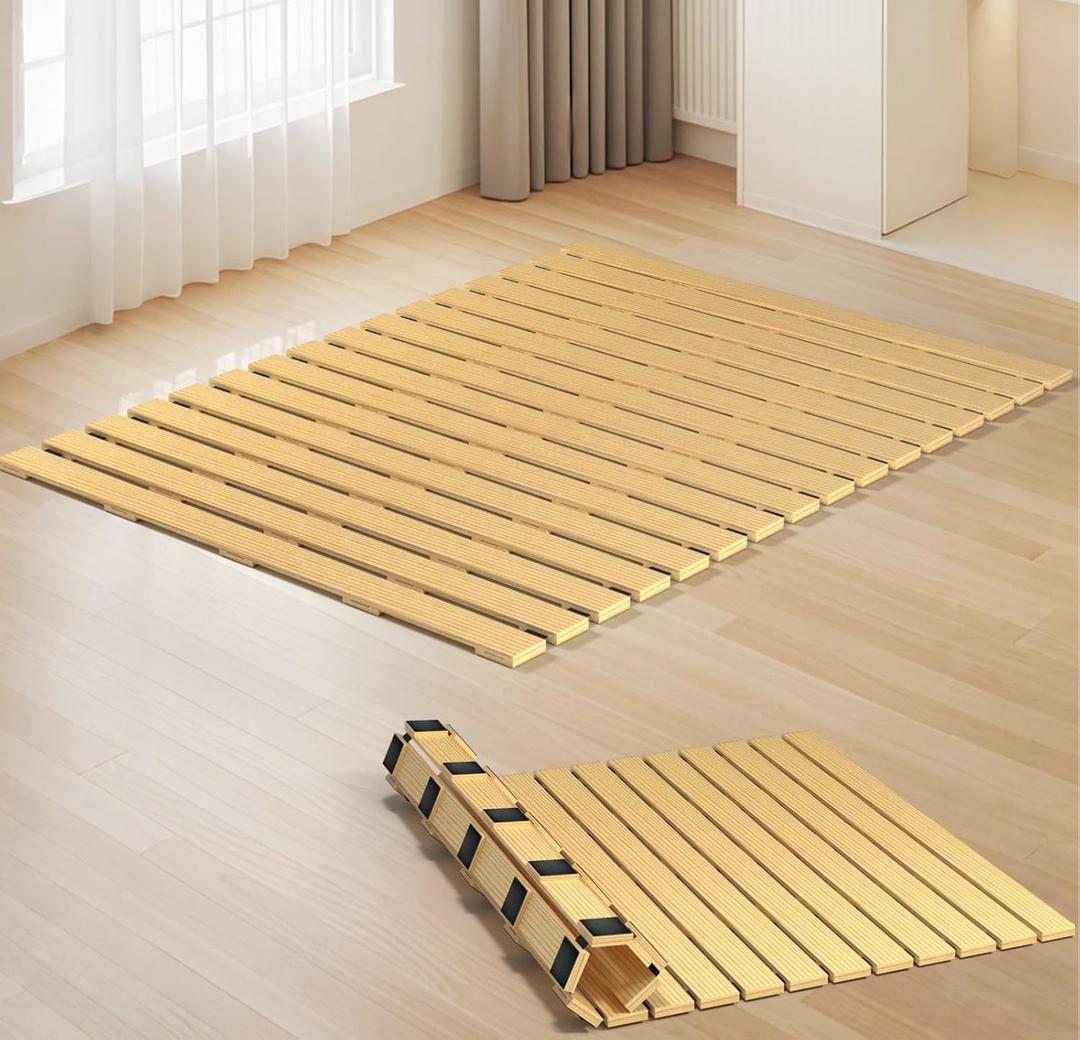 Japanese Tatami Mat Floor Bed, Knotless Solid Wood, Roll-Up Slatted, Bed Plate with 2 Storage Straps, Moisture-Proof and Breathable for Floor Sleeping or Futon Mattress, Full