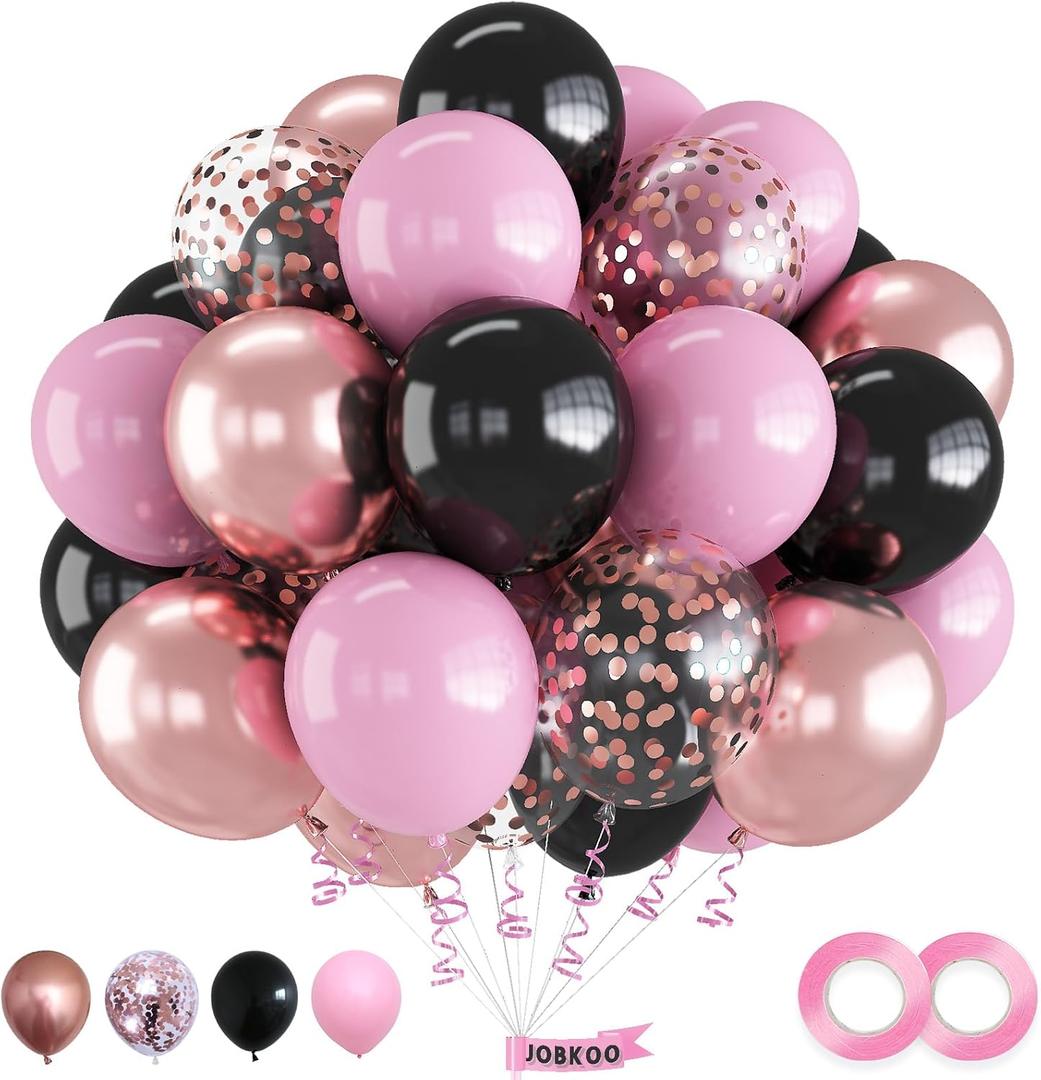 Pink & Black 55pcs Balloon Set (12inch) - Rose Gold Confetti, Female Gift, Ideal for Wedding, Birthday, Party Decoration