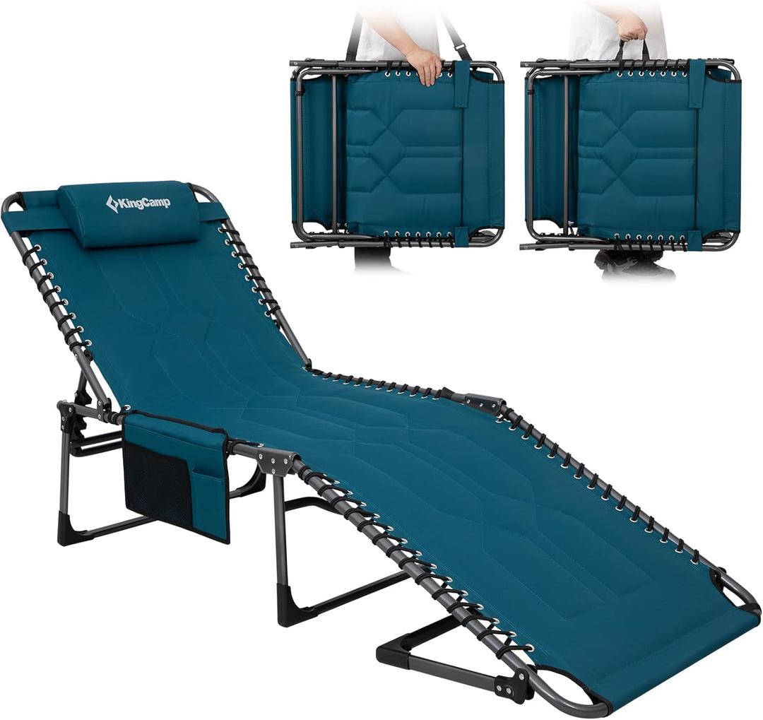 KingCamp Oversized Lounge Chair, Folding Portable Adjustable 5-Position Tanning Chairs 400lbs Heavy Duty Padded Recliner with Side Pocket Pillow for Outdoor Patio Beach Sun Bathing Pool