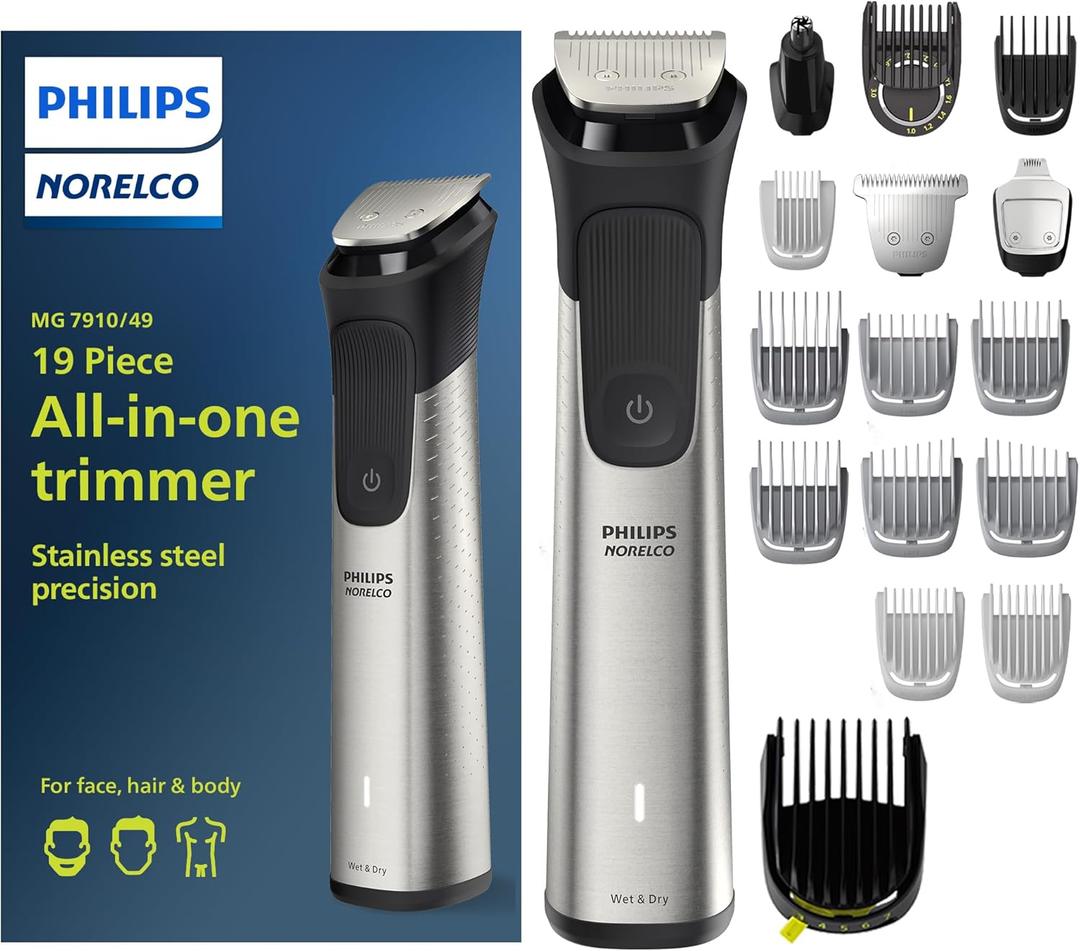 Norelco Philips Multigroom 7000 Series, All-in-One Trimmer, Beard Trimmer and Hair Clipper, 19-Piece Men's Grooming Kit for Beard, Head, Hair, Body, and Face, Soft Pouch, MG7910/49 (MG7910/49 - 19 Pieces, Steel)