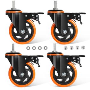 Stem Caster Wheels 3 Inch Heavy Duty Set of 4, 3/8"-16 x 1 Threaded Stem, Locking Swivel Casters for Cart, Furniture, Industrial