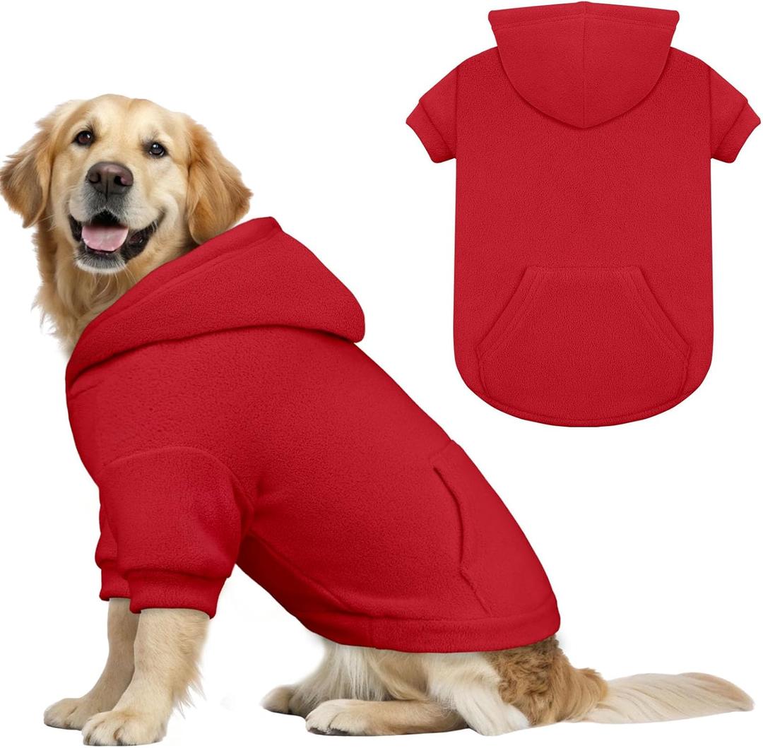 Dog Sweaters for Large Dogs,Dog Hoodie,Warm Fleece Sweatshirt with Hood & Pocket,Leash Hole,Cozy Cold Weather Pet Clothes Sweater Hoodie for Large Dogs(Red, XL)