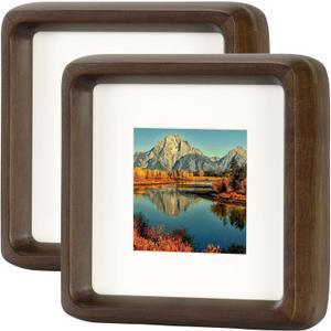 HELPLEX 4x4 Matted to 3x3 Square Picture Frame Set of 2 - Natural Walnut Wood with HD Tempered Glass, Convertible Design for Wall or Tabletop Display - Art Gallery & Luxury Home Office Decor