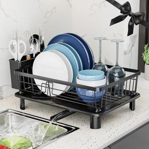 GAOKASE Dish Drying Rack, Space-Saving Dish Rack, Dish Racks for Kitchen Counter, Kitchen Dish Drainers with Removable Utensil Holder, Plate Rack and Drainboard, 11''W x 15''L, Black