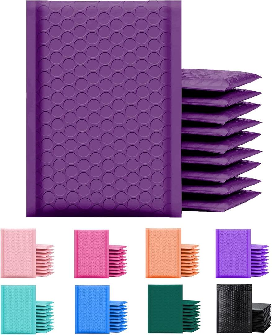 Yens Poly Bubble Mailers 4x8 In 50 Pack Purple Waterproof Self Seal Adhesive Shipping Bags, Cushioning Padded Envelopes for Shipping, Mailing, Packaging Usable 4x7