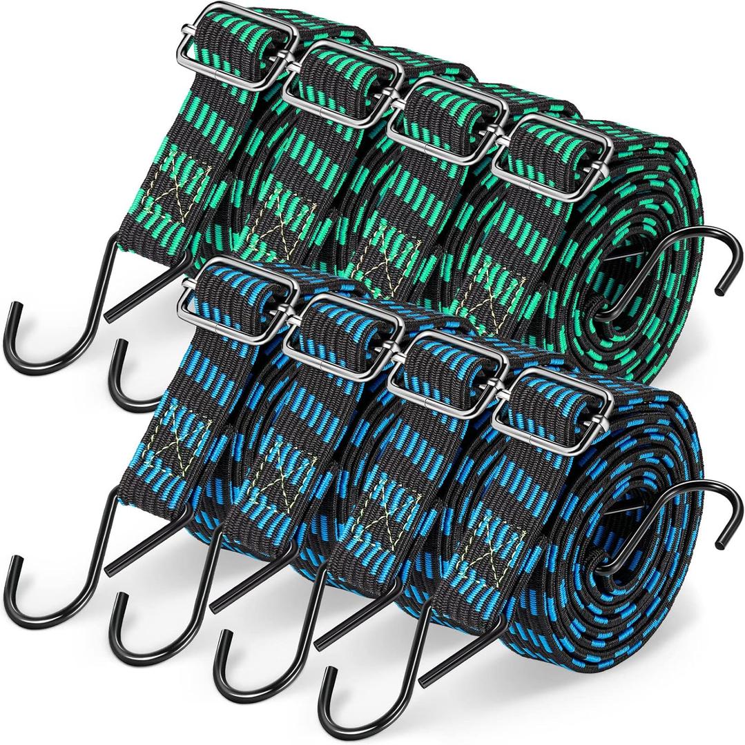 Saintrygo 8 Pcs 80 Inch Adjustable Flat Bungee Cords with Hook Heavy Duty Elasticity Long Bungee Straps 1 Inch Width Latex Straps Anti Rust Metal Buckle Luggage Rope (Green Black, Blue Black)