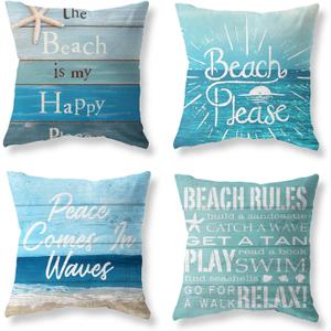 Set of 4 Summer Coastal Beach Throw Pillow Covers 18x18 Teal Green Turquoise Pillow Covers Couch Decorative Outdoor Square Linen Pillow Cushion Cases for Living Room Sofa Bed
