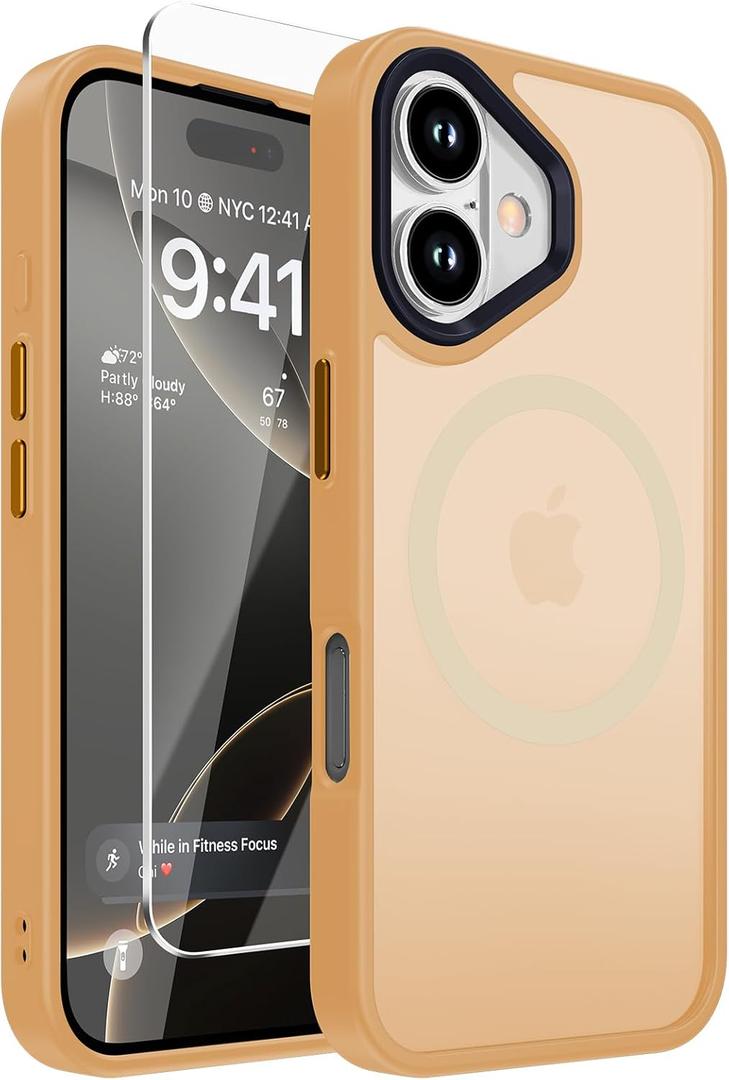 4 x DEERLAMN Magnetic Matte Case for iPhone 16 with Screen Protector, [Compatible with MagSafe][Military Grade Drop Protection] Slim Translucent Shockproof Protective Phone Cover, Yellow Bronze