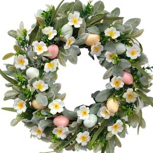 22 Inch Spring Easter Green Leaves Wreath for Front Door, Easter Bunny Wild Flower Eggs Wreath for Home Decoration, Rustic Farmhouse Lamb Ears Floral for Home