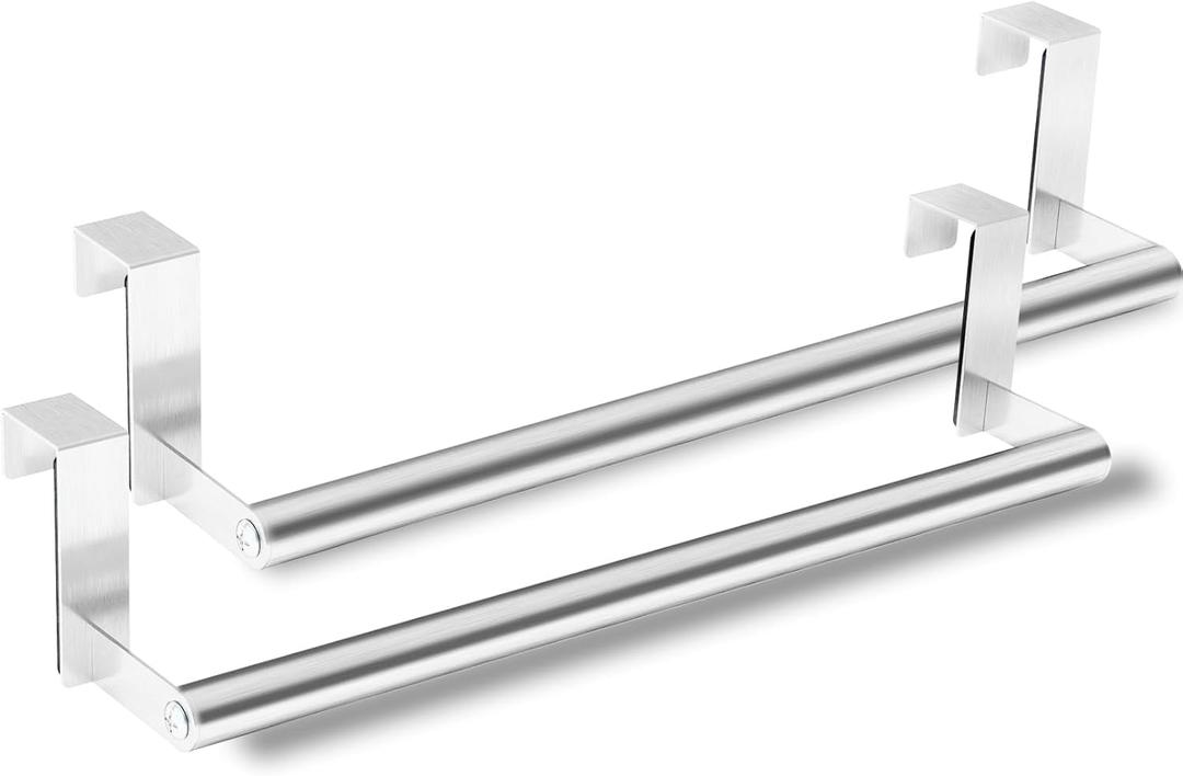Over Cabinet Towel Holder, Stainless Steel Cabinet Door Towel Bar Rack Holders Fit on Over Cabinet Cupboard Doors, Kitchen, 2 Pack (Silver)