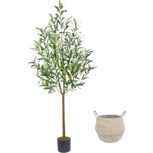 Warmplants Artificial Olive Tree, 5ft Tall Fake Olive Leaves Plant with Basket, Indoor Outdoor Faux Olive Topiary Silk Tree for Home Livingroom Office House Dcor