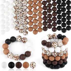 ASTARON 100 Pcs 15mm Silicone Beads for Keychain Making, Cow Brown White Round Beads Bulk for Bracelets Crafts Beadable Pens Decorations Jewelry Making Supplies (black, dark brown, light brown, white,cow skin pattern)