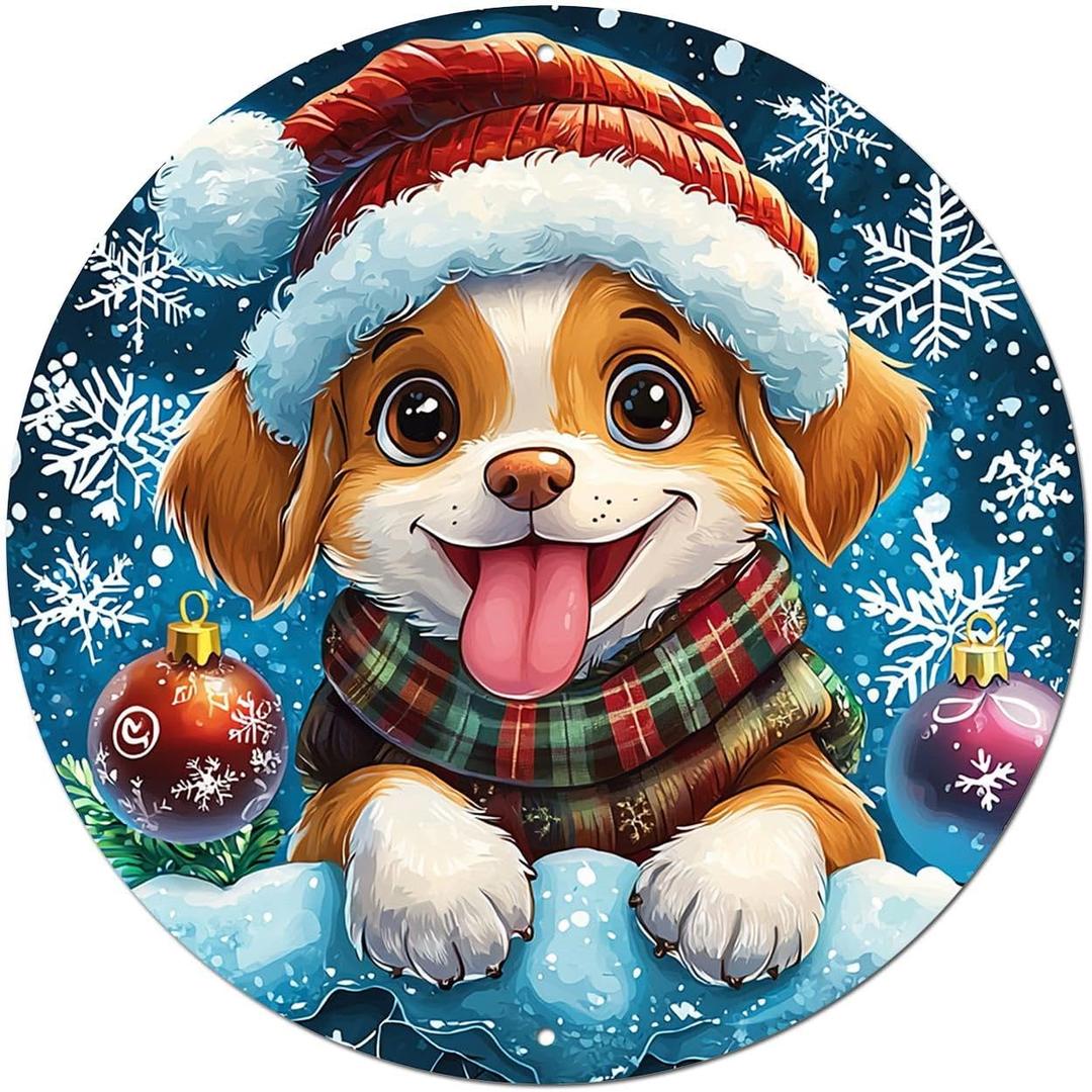 PEACHGARDEN Christmas Puppy Santa Hat Plaid Scarf Round Tin Sign Front Door Wreath Sign Wall Decoration Snowflakes Ornaments for Holiday Home Decor 8x8inch