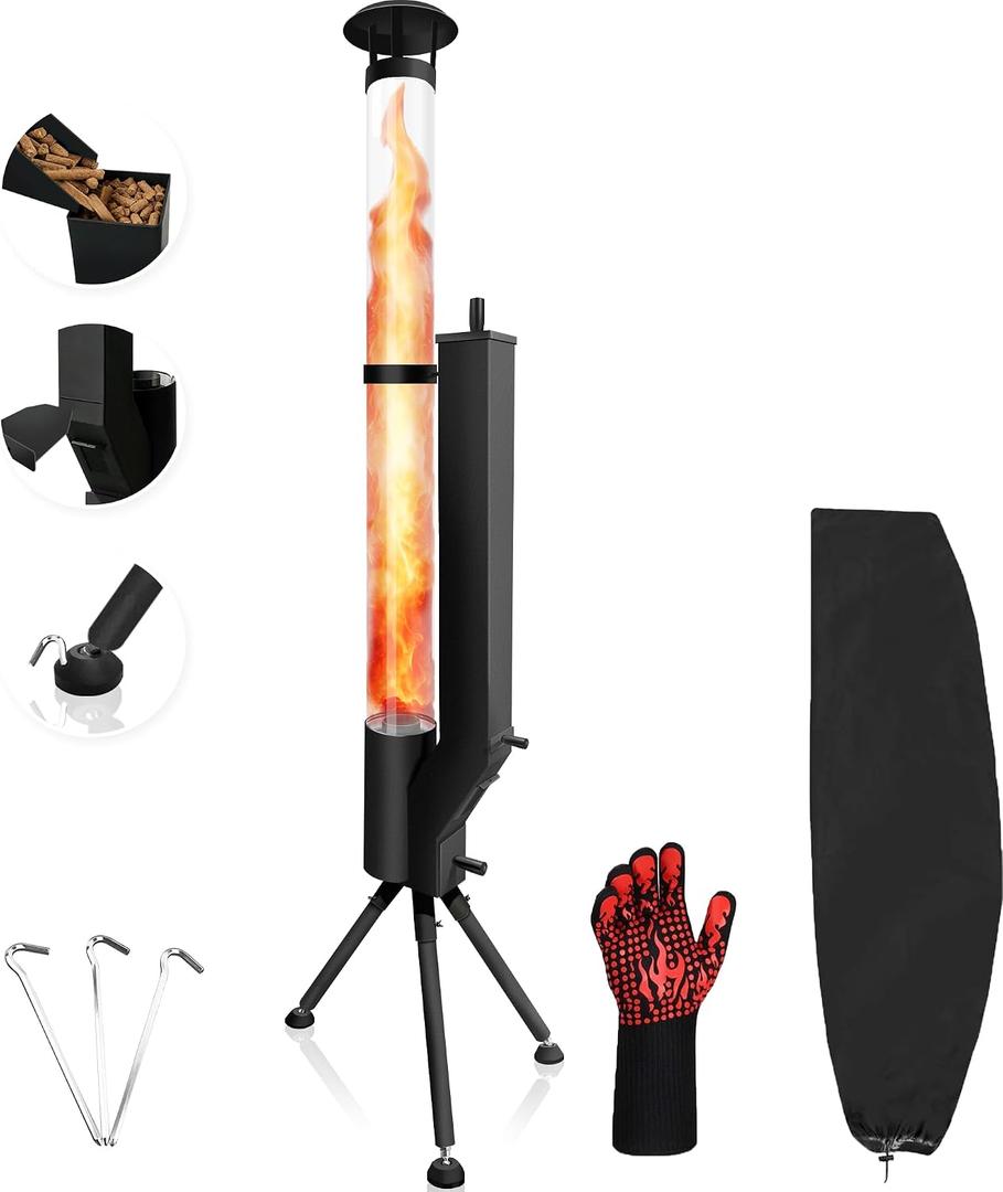 63" Outdoor Spiral Flame Fire Pit, Smokeless Visual Flame Patio Stove with Safe-Guard Kit, Low Heat Output Ambience Fire Column for Backyard, Garden, Patio, Party, Bonfire