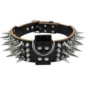 PET ARTIST 2" Wide Luxury Sharp Spiked Dog Collar, Durable Anti-Biting Leather Dog Collar for Medium & Large Dogs, Black, L, Neck for 19-22"