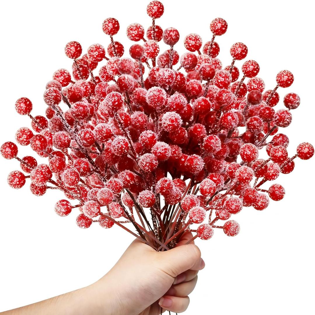 OJYUDD 30 Pack Snow Frosted Artificial Red Berry Stems,8.9" Holly Frosted Berry Branch Picks,Sprays Snowy Fake Red Berries for Christmas Tree,Valentine DIY Crafts,Winter Wedding Home Party Decor
