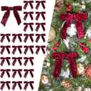 LaRibbons 24 Pcs Burgundy Crinkled Velvet Bows for Christmas Tree, Door, Garland, Wreath, 1" Wide, 3.9"x3.9", Vintage Style