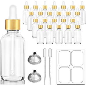 Bumobum 2 oz Dropper Bottle, 24 pack Clear Glass Eye Dropper Bottles with Golden Top Cap for Essential Oils, Tincture Bottle with Labels and Funnel